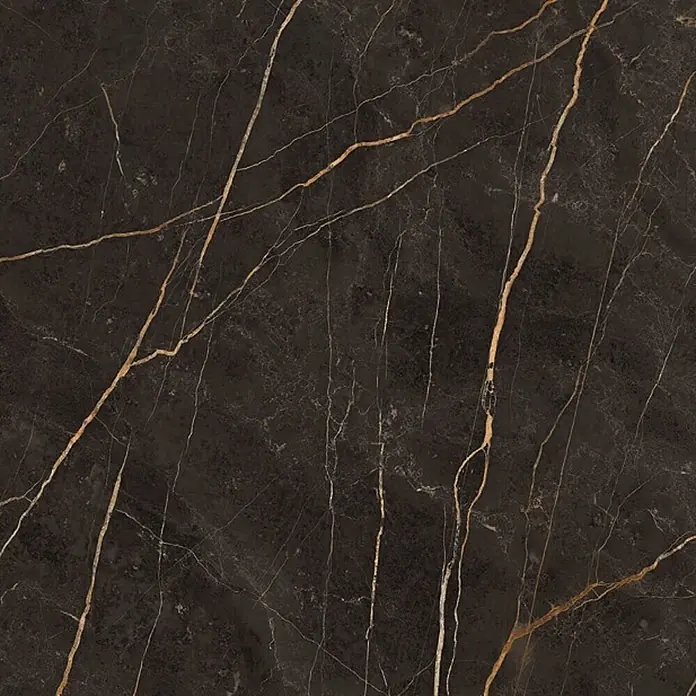 Feinsteinzeug in Saint Laurent glänzender Marmoroptik 60x120 -  - Dunkelbraune Marmorfliese mit goldenen Adern.
