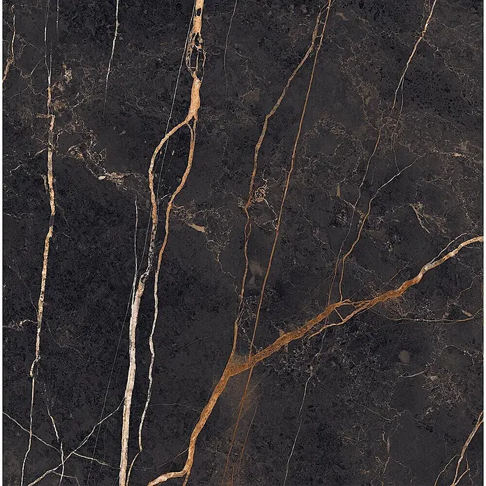 Feinsteinzeug in glänzender Marmoroptik 30x60 - Italienische Fliesen -  - Schwarze Marmorplatte mit markanten goldenen und subtilen weißen Adern.