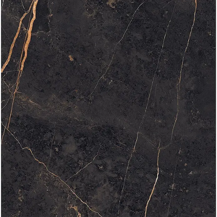 Feinsteinzeug in glänzender Marmoroptik 30x60 - Italienische Fliesen -  - Dunkle schwarze Marmorplatte mit markanten goldenen und bronzenen Adern.