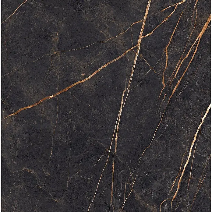 Feinsteinzeug in Saint Laurent glänzender Marmoroptik 60x120 -  - Schwarze Marmoroberfläche mit ausgeprägten goldenen Adern.