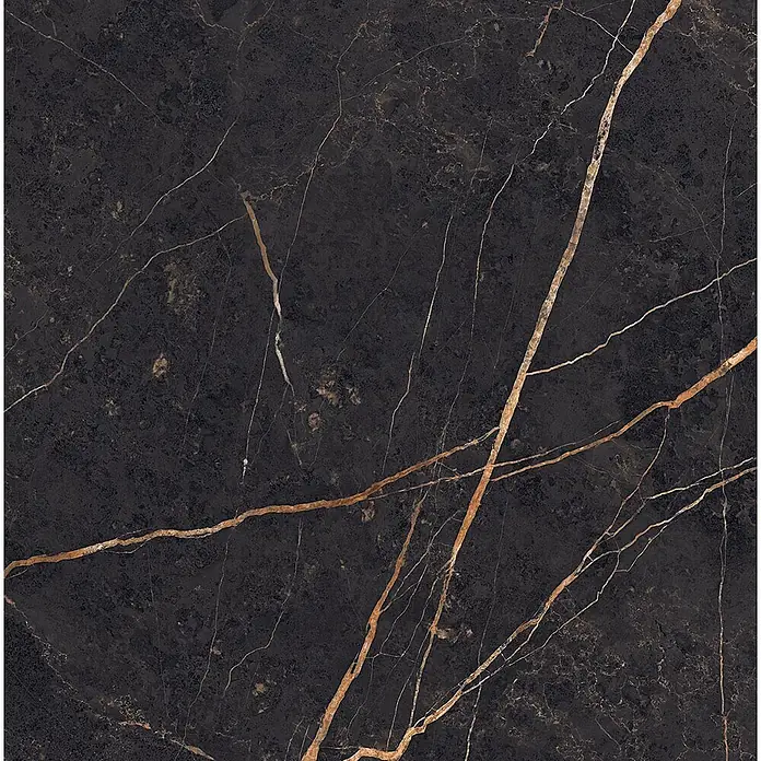 Feinsteinzeug in glänzender Marmoroptik 30x60 - Italienische Fliesen -  - Schwarze Marmorfliese mit markanter goldener und kupferbrauner Äderung.