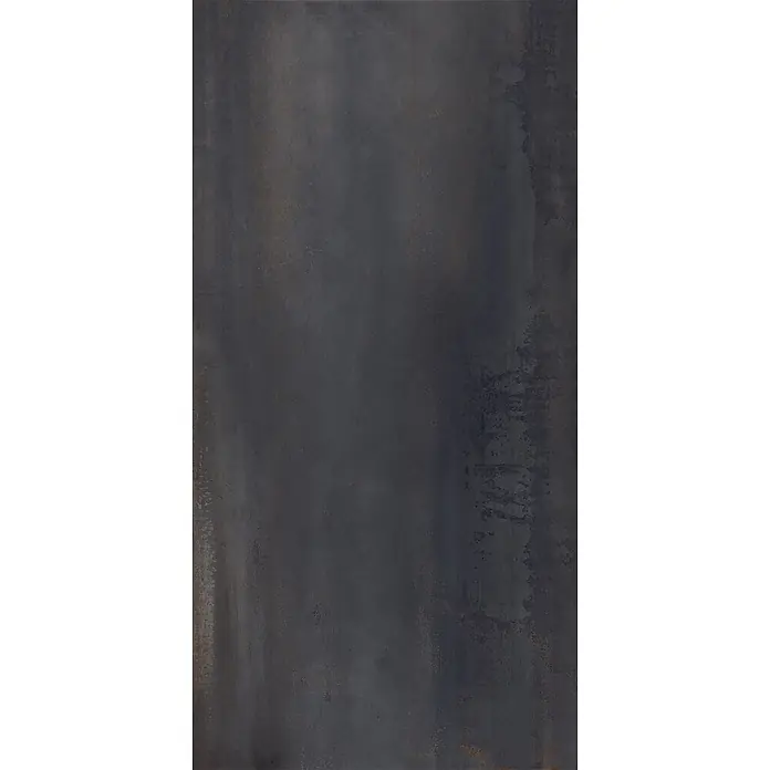 Feinsteinzeug in oxidierter schwarzer Metalloptik 60x120 - Ital. Fliesen -  - Dunkle, gebürstete Metalloberfläche mit matter Textur und subtilen Rosttönen, ideal für Industrieböden oder Wände.