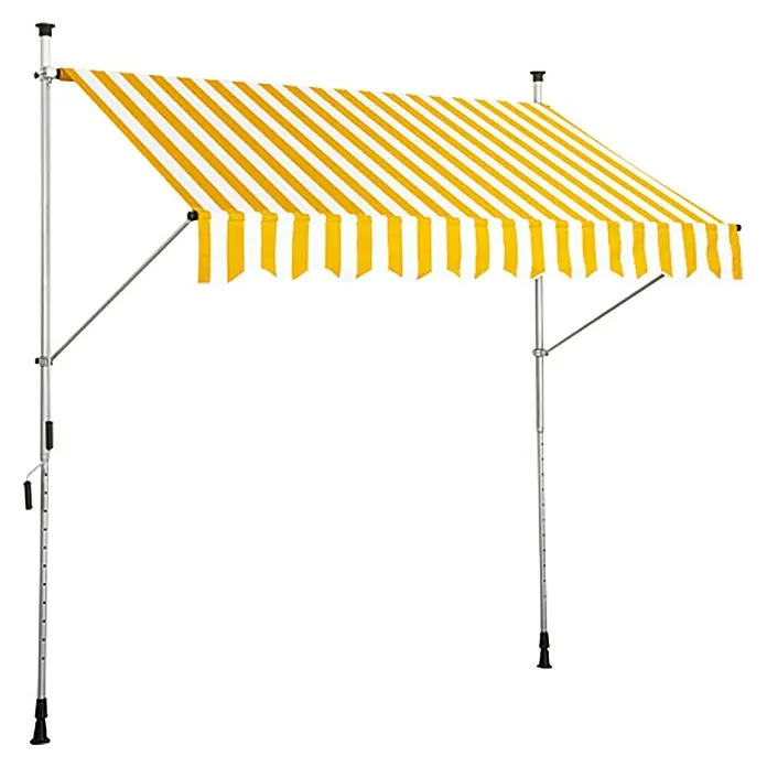 Sunfun Klemmmarkise - Gelb/Weiß, Breite: 2,5 m, Ausfall: 1,3 m - Diese Abbildung zeigt eine Markise mit gelben und weißen Streifen und einem silbernen Rahmen, ideal für Schatten und Stil im Freien.