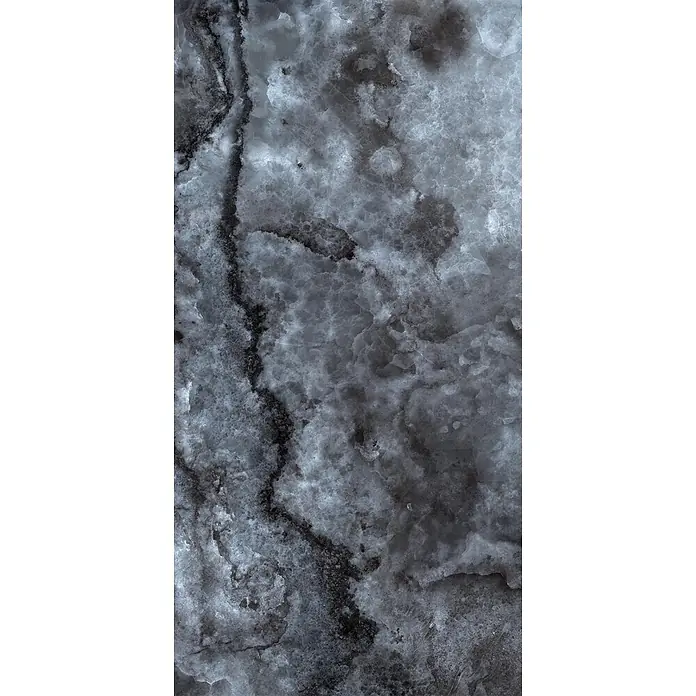 Feinsteinzeug in schwarzer edler Onyx-Marmoroptik 60x120 - Ital. Fliesen -  - Dunkelgraue Natursteinoberfläche mit schwarzen und weißen Adern.