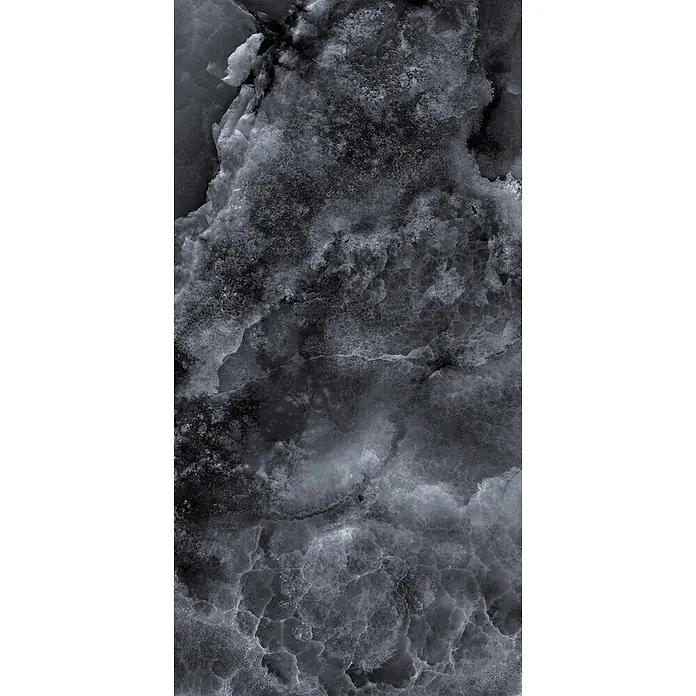 Feinsteinzeug in schwarzer edler Onyx-Marmoroptik 60x120 - Ital. Fliesen -  - Dunkelgrauer Marmor mit weißer und schwarzer Maserung und einer gesprenkelten, kristallinen Textur.