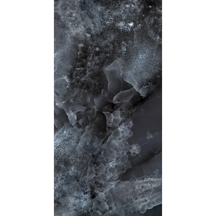 Feinsteinzeug in schwarzer edler Onyx-Marmoroptik 60x120 - Ital. Fliesen -  - Dunkle grau-schwarze Marmorstruktur mit weißen Adern und kristallinen Mustern, geeignet für elegante Oberflächen.