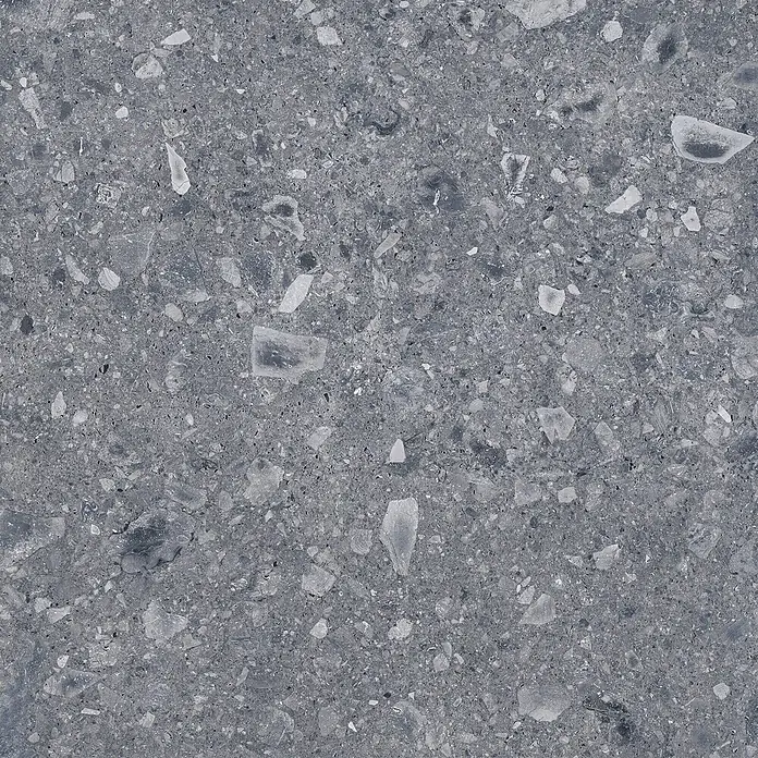 Feinsteinzeug in matter anthrazitfarbener Steinoptik 30x60 - Ital. Fliesen -  - Dunkelgraue gesprenkelte Terrazzo-ähnliche Oberfläche mit hellen und dunklen Steinsplittern.