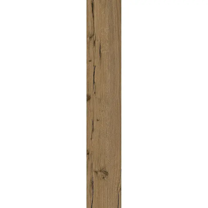 Feinsteinzeug in matter antiker Nussbaumholzoptik 20x120 - Ital. Fliesen -  - Natürliche, mittelbraune Holzdiele mit ausgeprägter Maserung, Ästen und dunklen Rissen, geeignet für Böden oder Verkleidungen.