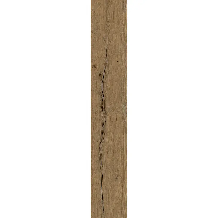 Feinsteinzeug in matter antiker Nussbaumholzoptik 20x120 - Ital. Fliesen -  - Helle, naturfarbene Holzdiele mit sichtbarer Maserung und einem ausgeprägten vertikalen Riss.
