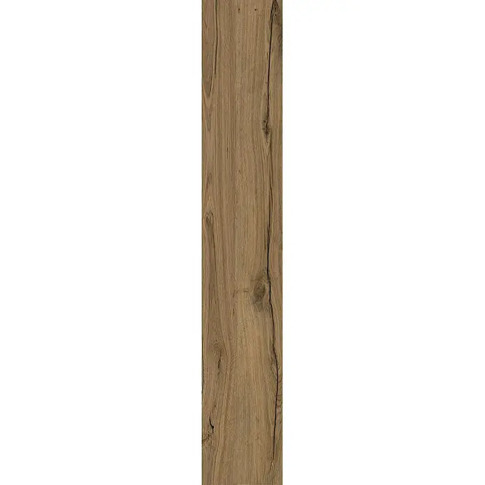 Feinsteinzeug in matter antiker Nussbaumholzoptik 20x120 - Ital. Fliesen -  - Mittelbraune Holzoptikdiele mit natürlicher Maserung, sichtbaren Ästen und dunklen Rissen.