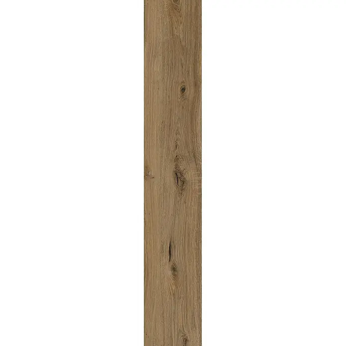 Feinsteinzeug in matter antiker Nussbaumholzoptik 20x120 - Ital. Fliesen -  - Natürliche, mittelbraune Holztextur mit ausgeprägter Maserung, sichtbaren Ästen und Rissen.