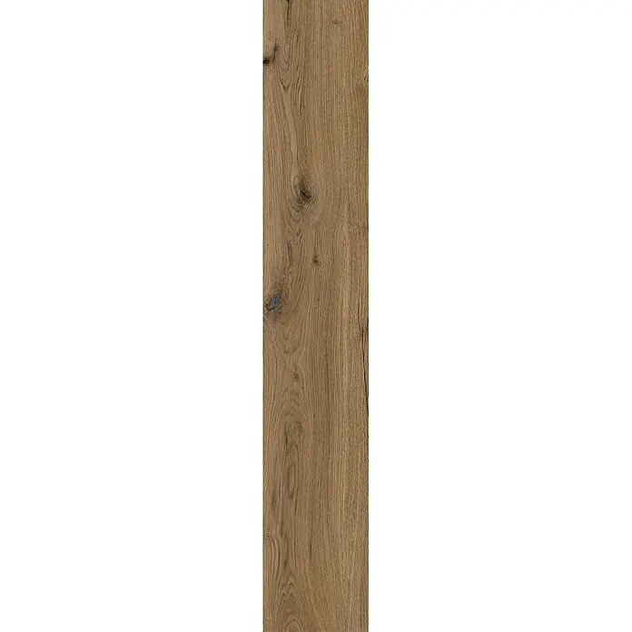 Feinsteinzeug in matter antiker Nussbaumholzoptik 20x120 - Ital. Fliesen -  - Natürliche mittelbraune Holzmaserung mit sichtbaren Ästen und feinen Rissen.