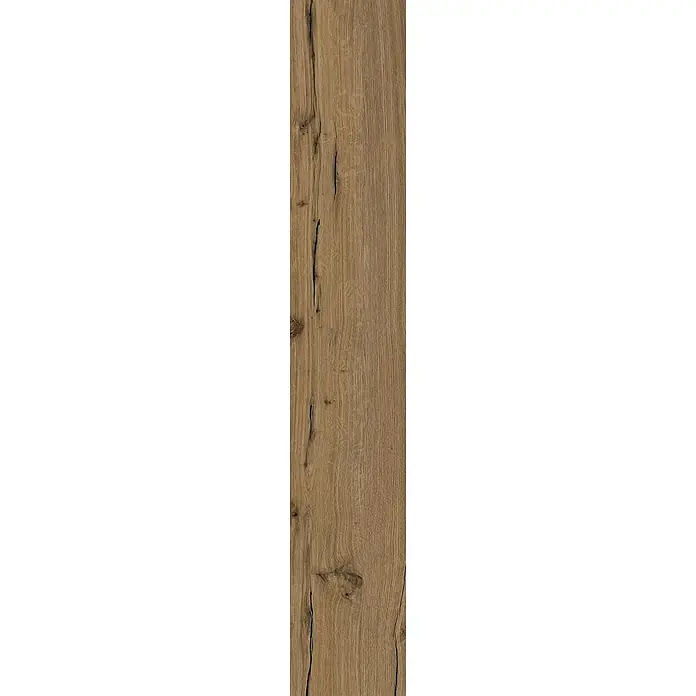 Feinsteinzeug in matter antiker Nussbaumholzoptik 20x120 - Ital. Fliesen -  - Vertikale hellbraune Holzdiele mit natürlicher Maserung und rustikalen Ästen/Rissen, ideal für Bodenbeläge oder Wandverkleidungen.