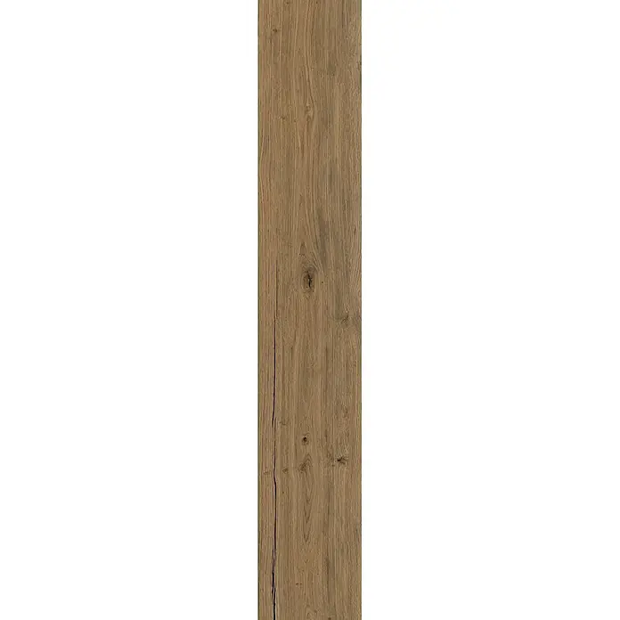 Feinsteinzeug in matter antiker Nussbaumholzoptik 20x120 - Ital. Fliesen -  - Rustikale mittelbraune Holztextur mit ausgeprägter vertikaler Maserung, einem natürlichen Ast und einem Riss.