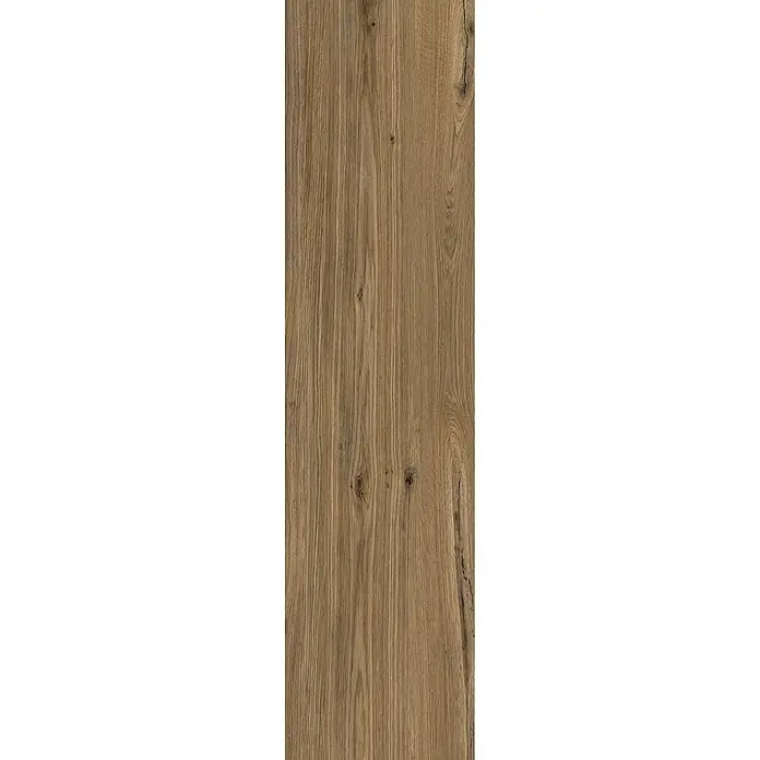 Feinsteinzeug in antiker Nussbaumholzoptik 30x120, rutschhemmend -  - Vertikale hellbraune Holzplatte mit ausgeprägter Maserung, Ästen und einem natürlichen Riss.