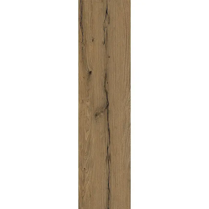 Feinsteinzeug in antiker Nussbaumholzoptik 30x120, rutschhemmend -  - Rustikale braune Holzstruktur mit Maserung, Ästen und Rissen.