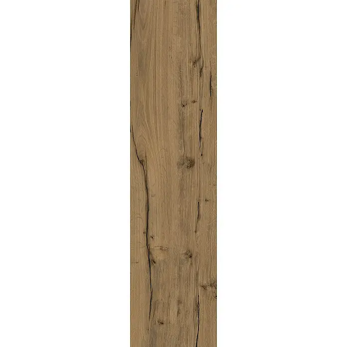 Feinsteinzeug in antiker Nussbaumholzoptik 30x120, rutschhemmend -  - Rustikales mittelbraunes Holzpaneel mit ausgeprägter Maserung, Ästen und dunklen Rissen, ideal für Böden oder Möbel.
