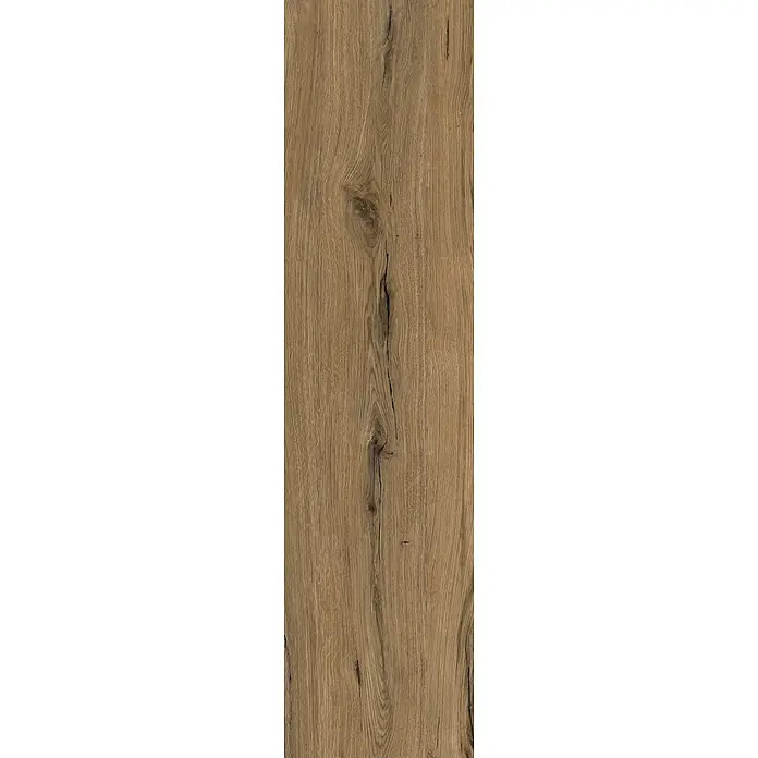 Feinsteinzeug in antiker Nussbaumholzoptik 30x120, rutschhemmend -  - Nahaufnahme einer mittelbraunen Naturholztextur mit ausgeprägter Maserung, Ästen und Rissen.