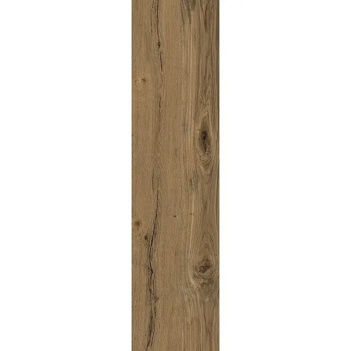 Feinsteinzeug in antiker Nussbaumholzoptik 30x120, rutschhemmend -  - Natürliche braune Holzmaserung mit sichtbaren Ästen und Rissen, ideal für Bodenbeläge oder Wandpaneele.