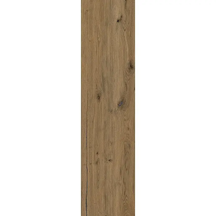 Feinsteinzeug in matter antiker Nussbaumholzoptik 30x120 - Ital. Fliesen -  - Mittelbraune Naturholzdiele mit sichtbarer Maserung, Ästen und einem deutlichen Riss.