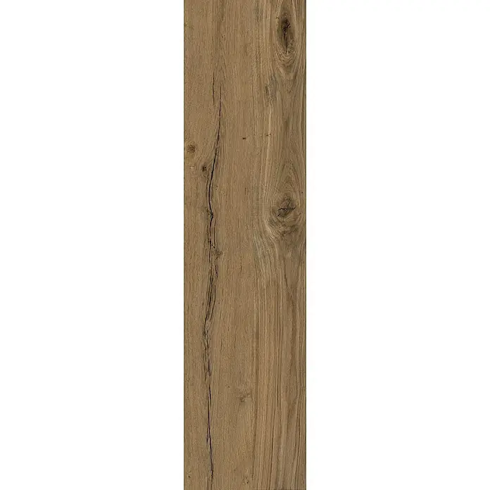 Feinsteinzeug in matter antiker Nussbaumholzoptik 30x120 - Ital. Fliesen -  - Hellbraune Holzdiele mit ausgeprägter Maserung, Ästen und Rissen, die eine rustikale Naturtextur zeigt.