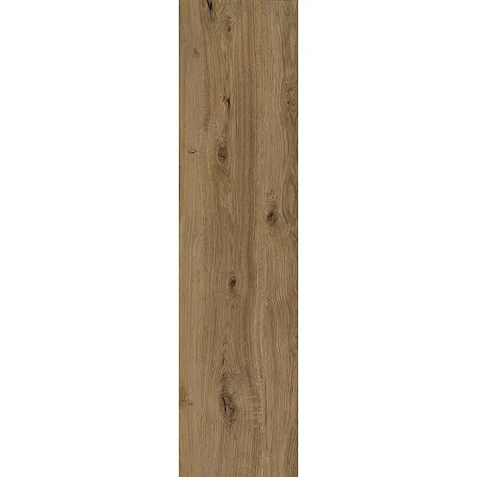 Feinsteinzeug in antiker Nussbaumholzoptik 30x120, rutschhemmend -  - Braunes Holzbrett mit natürlicher Maserung und Ästen, geeignet für Böden oder Möbel.