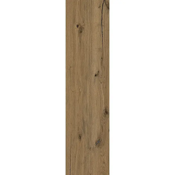 Feinsteinzeug in antiker Nussbaumholzoptik 30x120, rutschhemmend -  - Hellbraune Holzoberfläche mit natürlicher Maserung, dunklen Ästen und sichtbaren Rissen.
