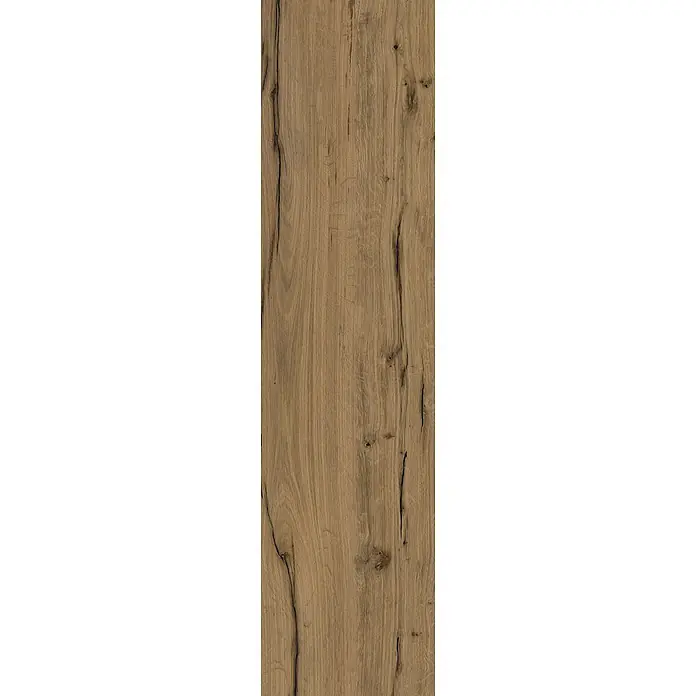 Feinsteinzeug in antiker Nussbaumholzoptik 30x120, rutschhemmend -  - Helle, rustikale Eichenholzplatte mit dunklen Ästen und Rissen, die eine natürliche Maserung zeigt.