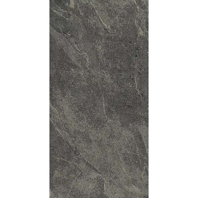 Feinsteinzeug in schwarzer Steinoptik 60x120, 20 mm, rutschhemmend -  - Dunkelgraue Steinplatte mit subtilen helleren Äderungen, ideal für moderne Boden- oder Wandbeläge.