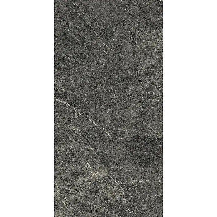 Feinsteinzeug in schwarzer Steinoptik 60x120, 20 mm, rutschhemmend -  - Dunkelgraue Natursteintextur mit weißen Adern.