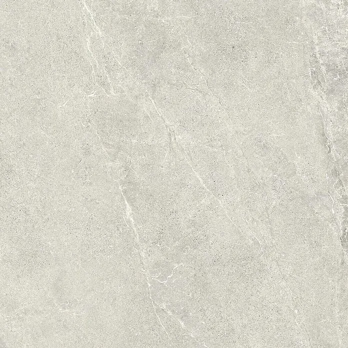 Feinsteinzeug in weißer Steinoptik 60x90, 20 mm, rutschhemmend -  - Hellgraue Feinsteinzeugfliese mit subtiler weißer Maserung und strukturierter, körniger Oberfläche für Boden oder Wand.