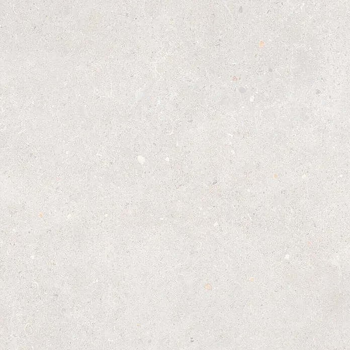 Feinsteinzeug in weißer Betonoptik 60x60, rutschhemmend - Ital. Fliesen -  - Hellgraue gesprenkelte Oberfläche, wie Terrazzo oder Beton.