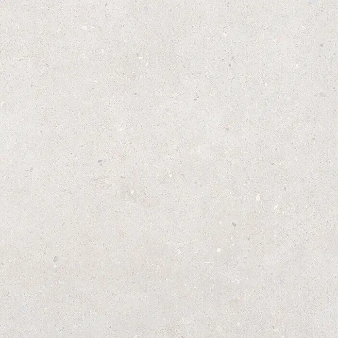 Feinsteinzeug in weißer Betonoptik 60x60, rutschhemmend - Ital. Fliesen -  - Hellgraue Sprenkeltextur, ähnlich Terrazzo oder Feinkornbeton. Ideal für verschiedene Oberflächenanwendungen.