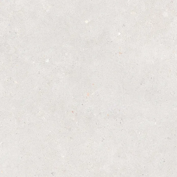 Feinsteinzeug in weißer Betonoptik 60x60, rutschhemmend - Ital. Fliesen -  - Hellgraue Fliese im Terrazzo-Look mit feinen bunten Sprenkeln, geeignet für Boden- oder Wandbeläge.