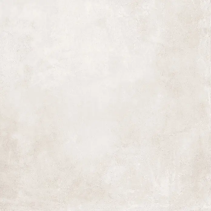 Feinsteinzeug in gewachster weißer Betonoptik 120x120 - Ital. Fliesen -  - Minimalistische, hellgraue Betonoptik-Oberfläche mit subtiler Textur und feinen Rissen.