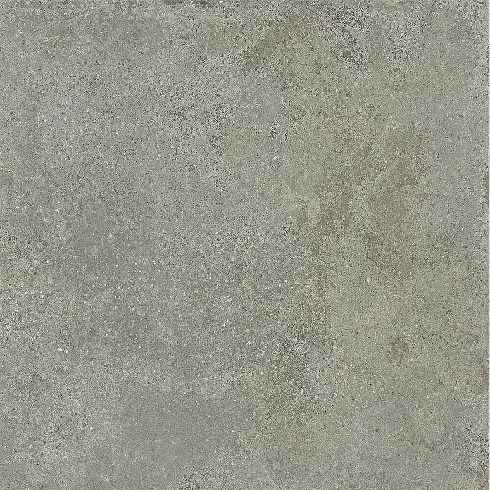 Feinsteinzeug in strukturierter mittelgrauer Betonoptik 80x80 -  - Graue, stark texturierte Fliese in Betonoptik mit gesprenkelten Details.