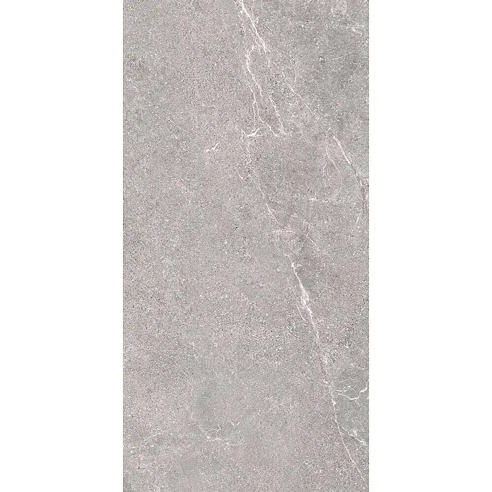 Feinsteinzeug in geäderter grauer Steinoptik 60x120 - Italienische Fliesen -  - Graue Marmorfliese mit subtiler weißer Maserung und gesprenkelter Textur.