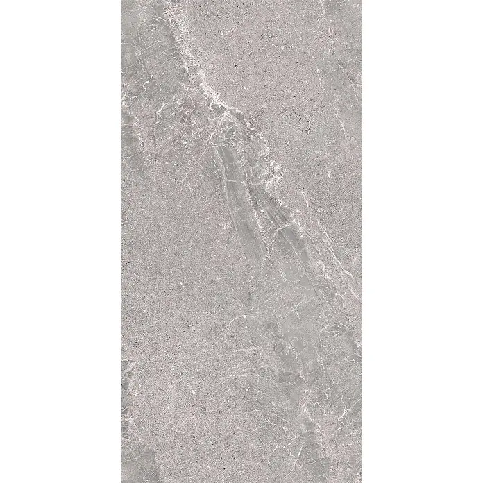 Feinsteinzeug in geäderter grauer Steinoptik 60x120 - Italienische Fliesen -  - Strukturierte graue Steinplatte mit feinen Sprenkeln und subtilen weißen sowie dunkleren grauen Äderungen.