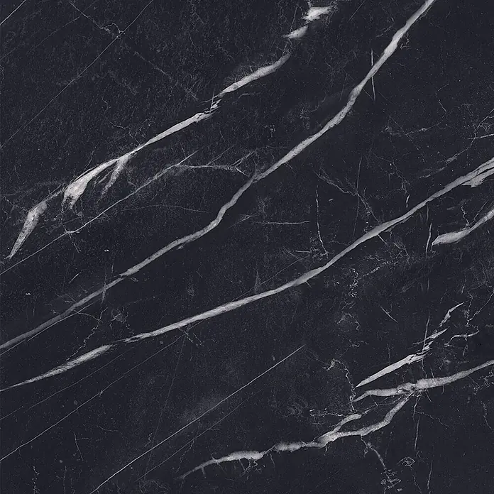 Feinsteinzeug in glänzender schwarzer Marquina-Marmoroptik 60x60 -  - Schwarze Marmorstruktur mit markanten weißen Adern.
