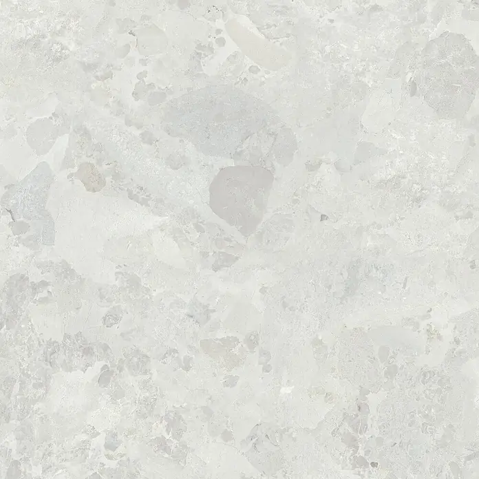 Feinsteinzeug in weißer Steinoptik 60x60, 20 mm, rutschhemmend -  - Hellgraue Fliese in Terrazzo-Optik mit subtilen natürlichen Variationen.