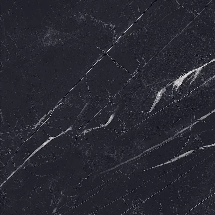 Feinsteinzeug in glänzender schwarzer Marquina-Marmoroptik 60x60 -  - Schwarzer Marmor mit ausgeprägten weißen Adern, ideal für luxuriöse Oberflächen und Fliesen.