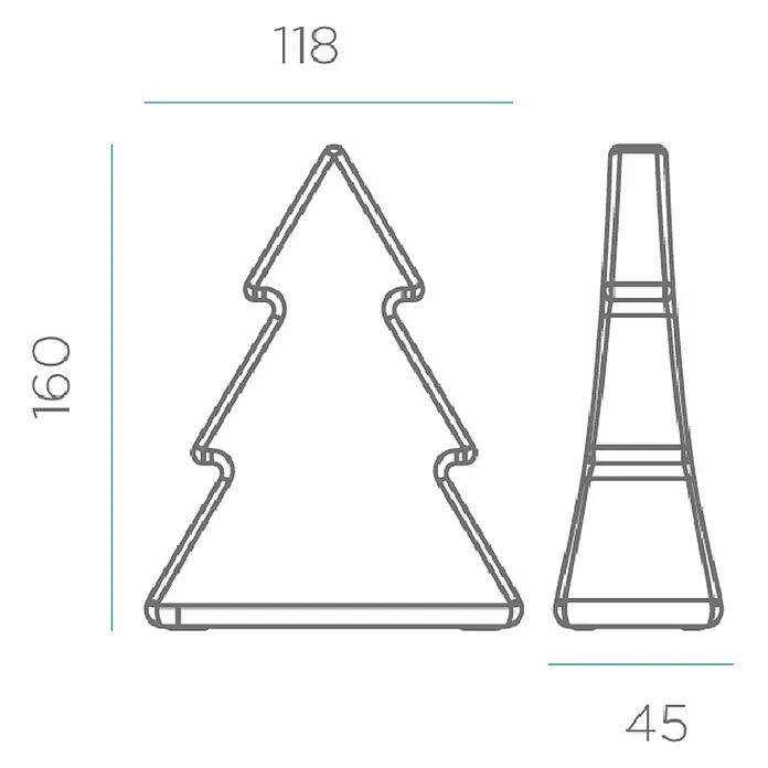 New Garden Árbol de Navidad de LEDs Pinus - Para exterior, 160 cm, 1 ud., Color de luz: Blanco neutro, Funcionamiento en red - Dibujo lineal de un objeto decorativo en forma de árbol de Navidad con medidas: 160 alto, 118 ancho, 45 fondo.