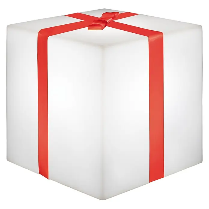 New Garden Figura LED navideña Cubo Gifty 40 Solar - 40 x 40 x 40 cm, Blanco, A batería, LED - Caja de regalo cúbica blanca con cinta y lazo rojos.