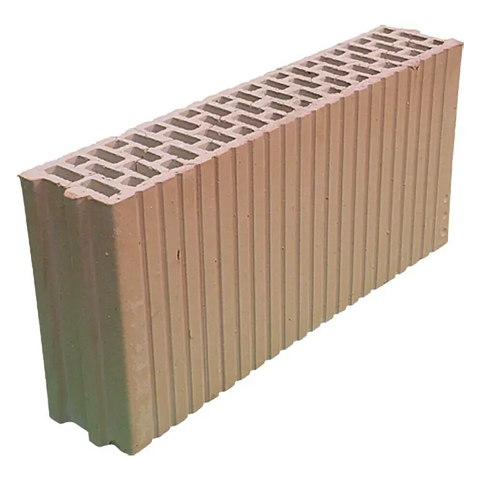 Porotonstein 8DF - 49,8 x 11,5 x 23,8 cm - Ein Poroton Ziegelstein mit vielen Löchern und Rillen. Er ist hellbraun und für den Mauerbau geeignet.