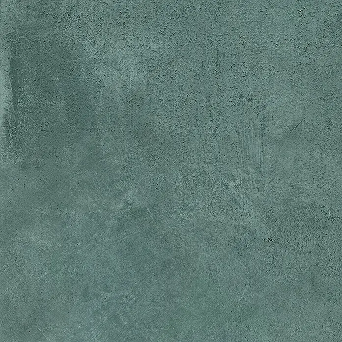 Feinsteinzeug in metallischer grüner Betonoptik 80x80 - Ital. Fliesen -  - Dunkel-türkisgrüne, texturierte Oberfläche, die an gealterten Beton oder Putz erinnert.