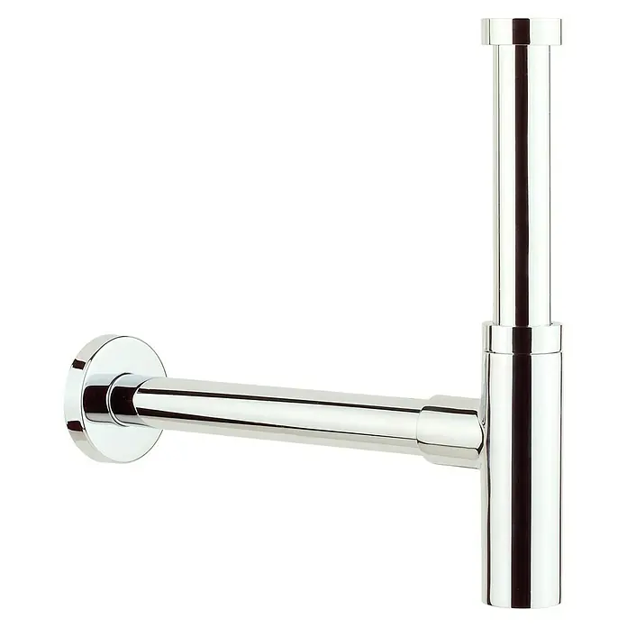 Bäderwelt Waschtisch-Siphon Korfu - 1 ¼″, Durchmesser: 32 mm, Chrom - Glänzender, verchromter Siphon mit horizontalem Rohr und vertikalem Abflussrohr vor schwarzem Hintergrund.