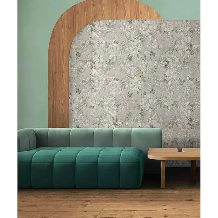 Dekorierte Wandfliese aus Feinsteinzeug 06 60x120 - Italienische Fliesen -  - Türkisgrünes, gestepptes Sofa mit Holztisch in einem modernen Raum.