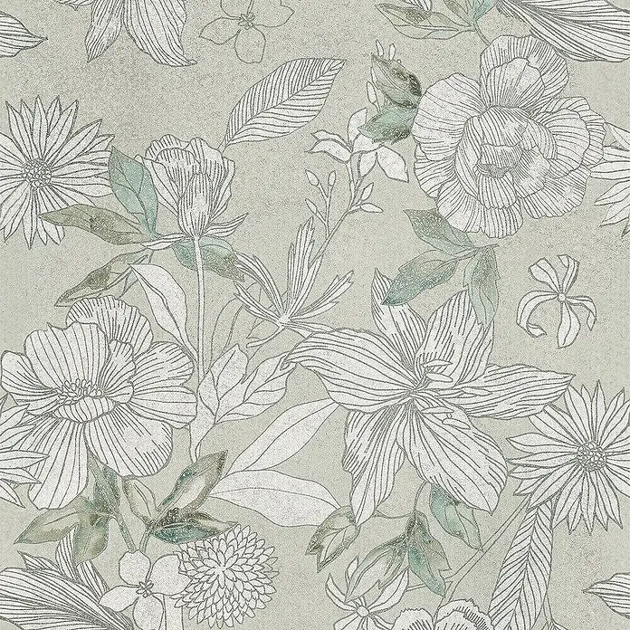 Dekorierte Wandfliese aus Feinsteinzeug 06 60x120 - Italienische Fliesen -  - Hellgraues Muster mit filigranen weiß linierten Blumen und dezenten grün/türkisen Aquarellblättern.