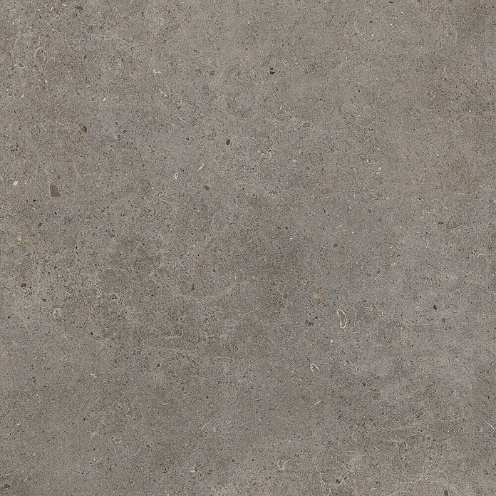 Feinsteinzeug in grauer aschgrauer Betonoptik 60x60 - Italienische Fliesen -  - Dunkelgraue, strukturierte Oberfläche mit verschiedenen Sprenkeln und subtilen Mustern, wie Beton oder Stein.