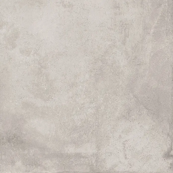 Feinsteinzeug in gewachster hellgrauer Betonoptik 60x60 - Ital. Fliesen -  - Raue, graue Beton-ähnliche Textur mit feinen Rissen und Sprenkeln, geeignet für Boden- oder Wandflächen.